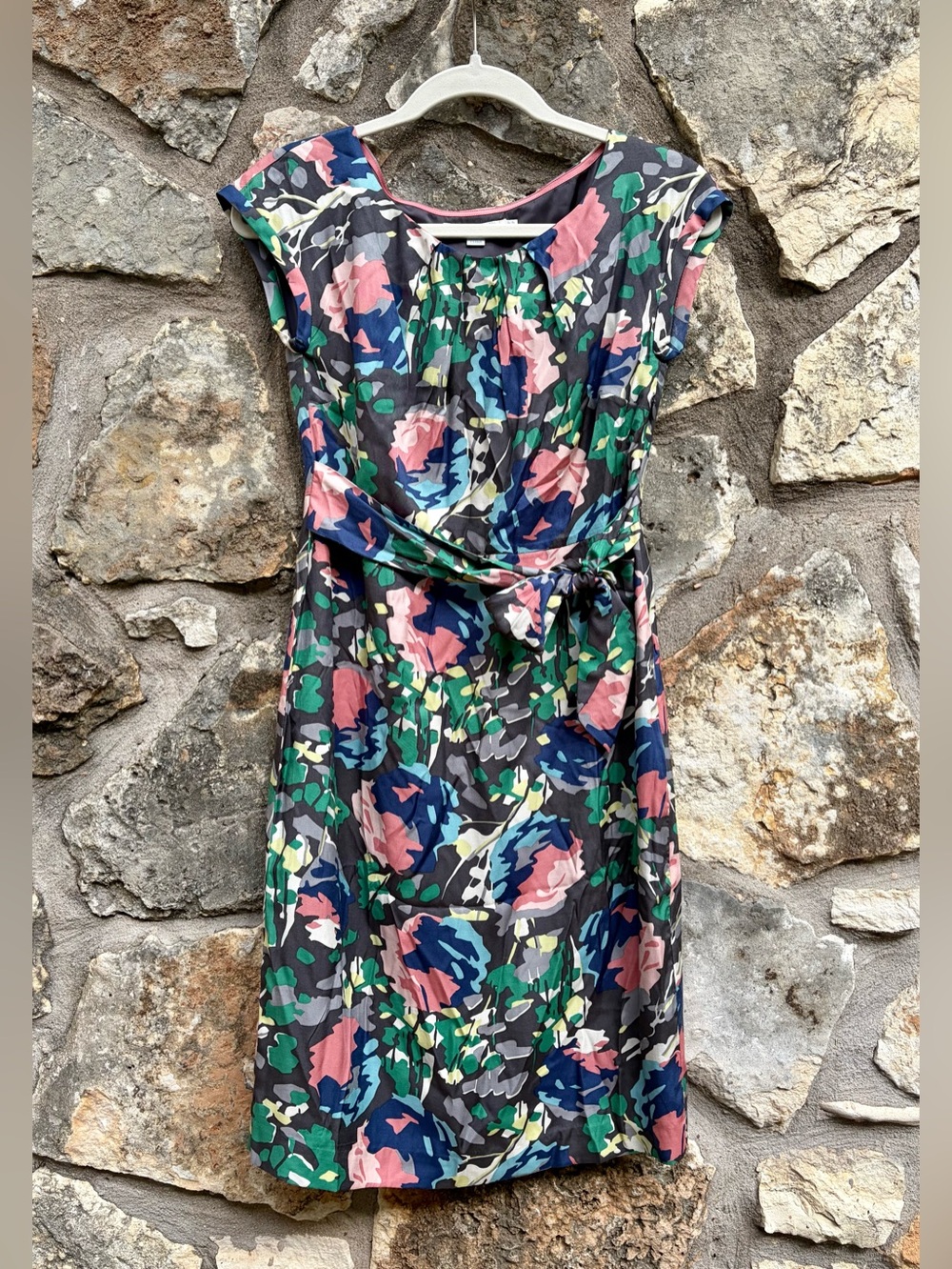 BODEN abstract floral print waist tie SILK blend dress sz UK 8 P / US 4 P Nice